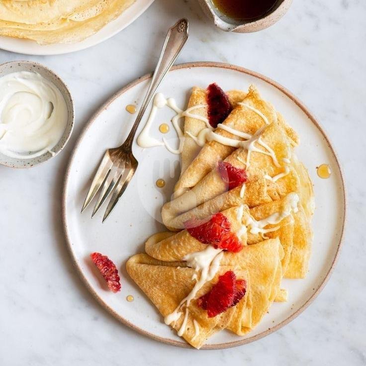 Crepes/Ð‘Ð»Ð¸Ð½Ñ‹ - 4 pcs menu Mama Rada (Dumplings, Syrniki, Mors, Olivier, Crepes). Canggu