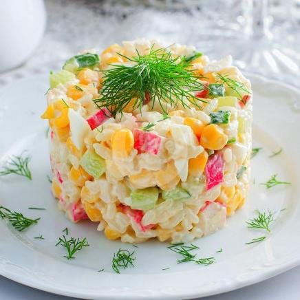 Krab salad menu Mama Rada (Dumplings, Syrniki, Mors, Olivier, Crepes). Canggu