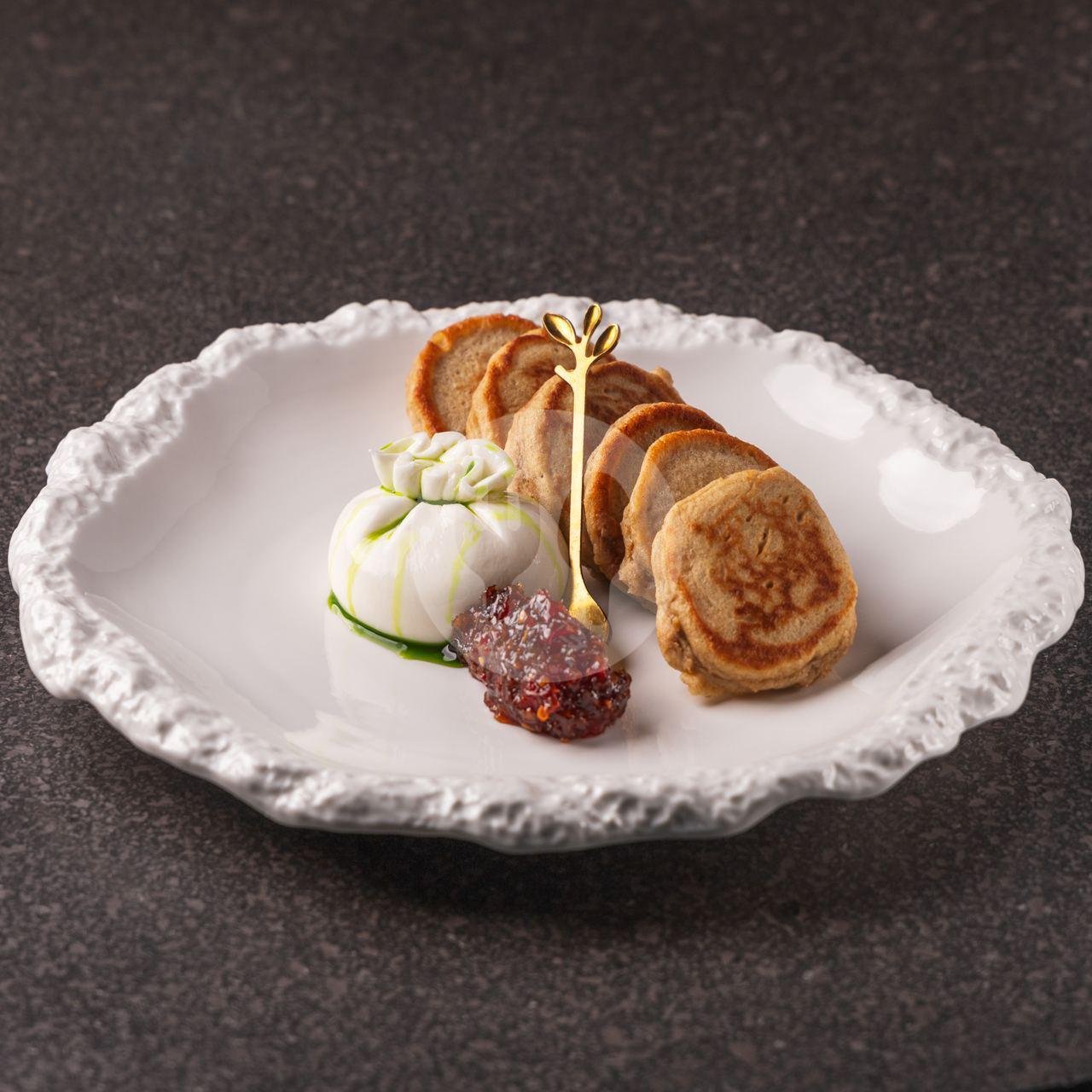 Burrata with Buckwheat Pancakes menu Hedonist Restaurant, Uluwatu