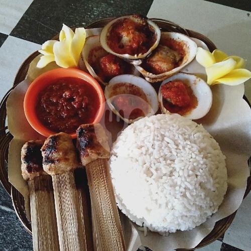 PAKET nasi + 5 Pcs Kerang + 5 Pcs Sate Tusuk Tuna (Rice + 5 Pcs Clams + 5 Pcs Fish Satay) menu SATE LILIT IKAN LAUT KHAS BALI, Pak LENGAR